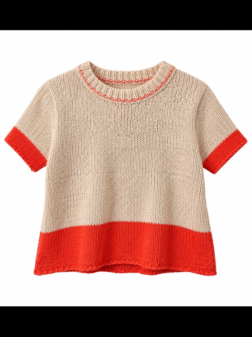 Women’s Short-Sleeve Colorblock Sweater - Beige with Coral Trim